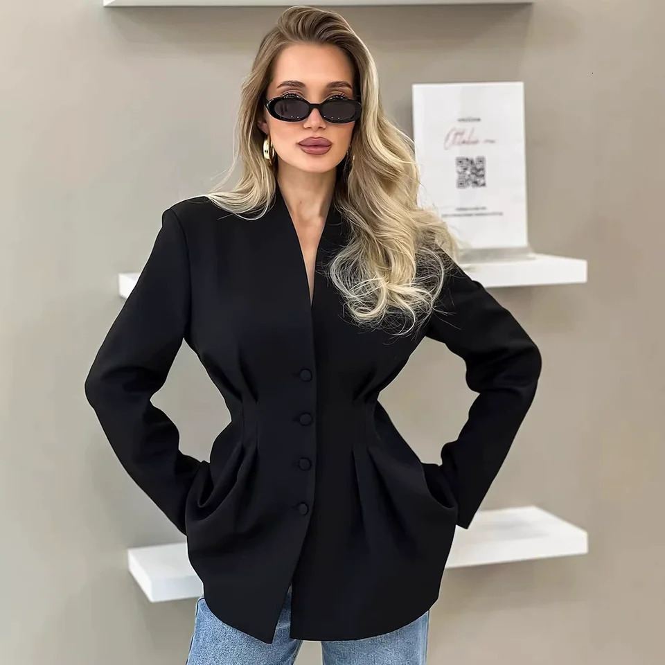 Elegant Vneck Tunics Black Suit Spring Womens Long Sleeve Single Breasted Slim Blazers Ruched Outerwear Streetwear 260625