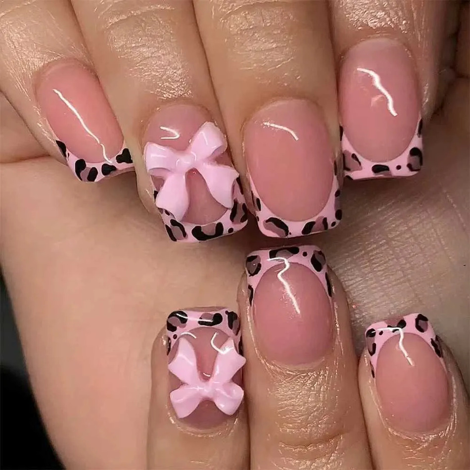 24Pcs Short False Nail Square Nailpink 3D maquillaje Bow Other Elementspress On Nails Removablesuitable For Women And Girlsreusable 001