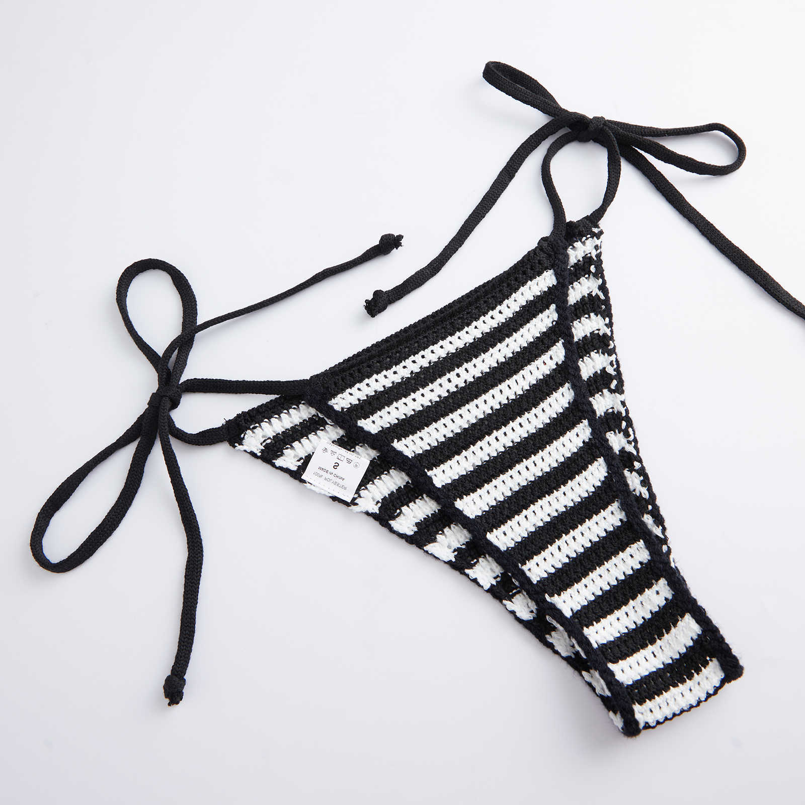 Womens Bikini Set Crochet Knit Striped Halter Bra Tops with Side Tie-up Thong 2 Pcs Swimsuits Beachwear L26
