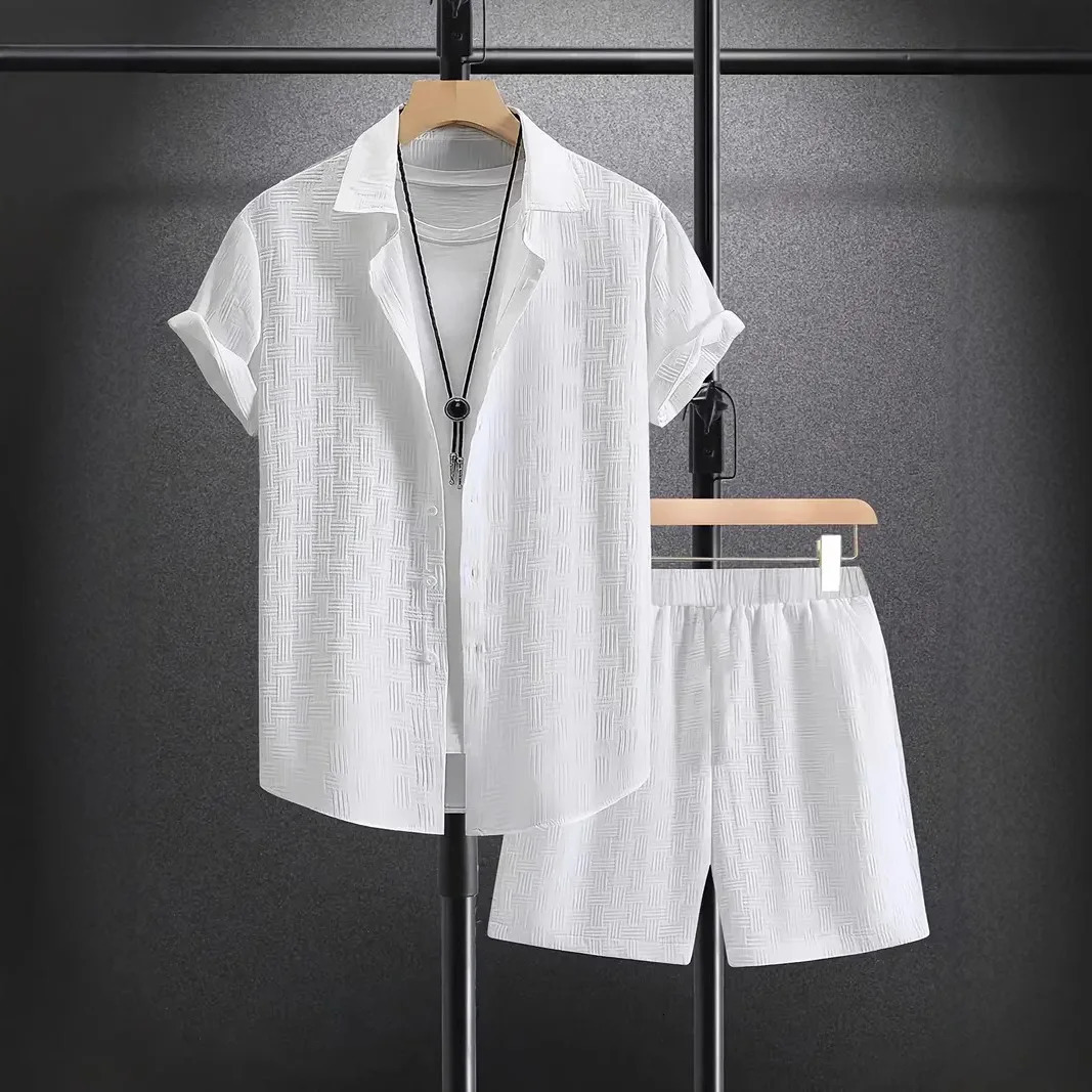 Mens casual suit Summer daily outdoor travel solid color jacquard lapel shortsleeved Shirt drawstring Shorts 2piece Set 260623