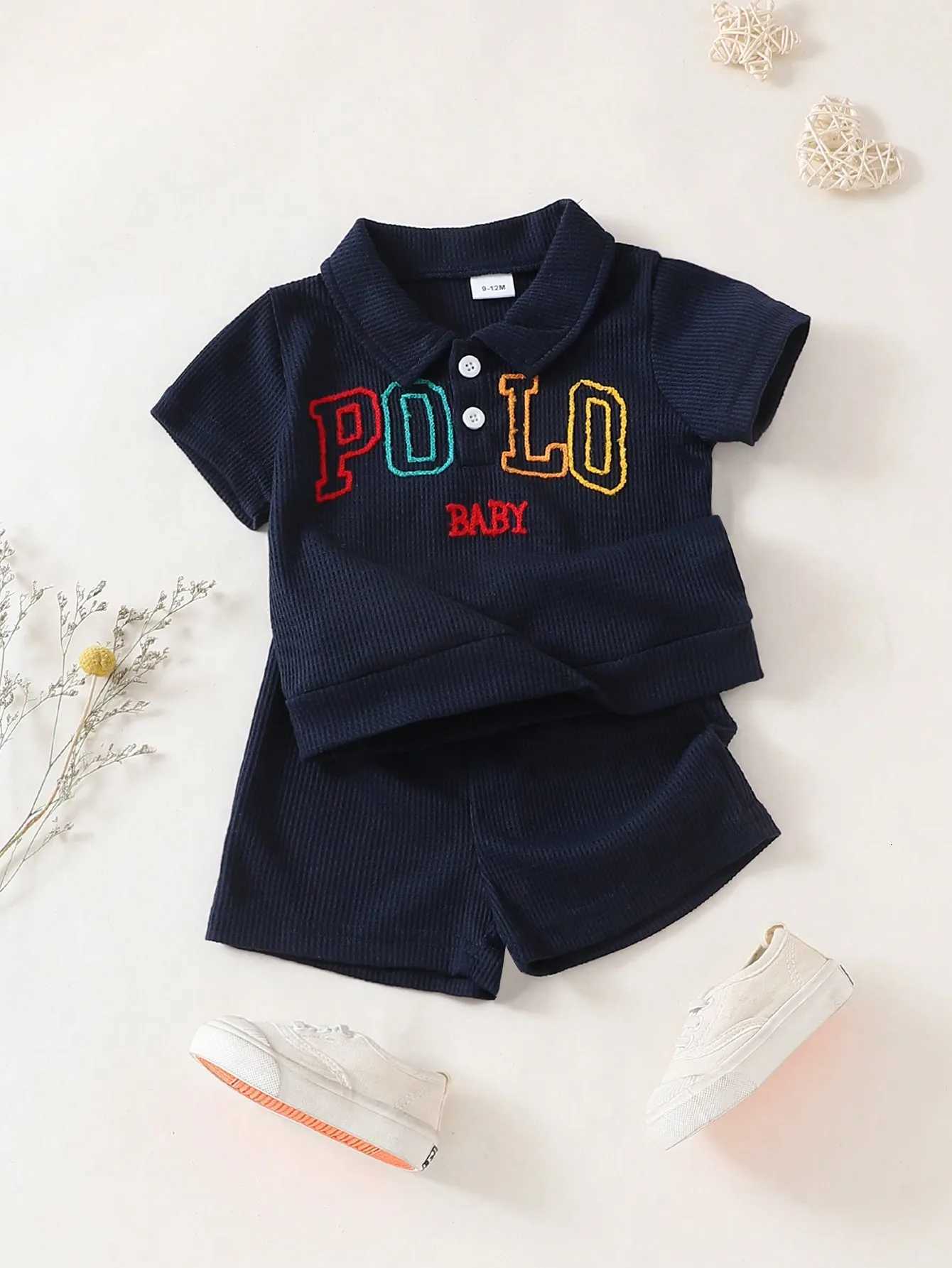 Baby Boys Two-Piece Set Embroidered Long-Sleeved Polos with Colorful Letters Waffle Shorts College-Style Spring Summer Outfit X260623