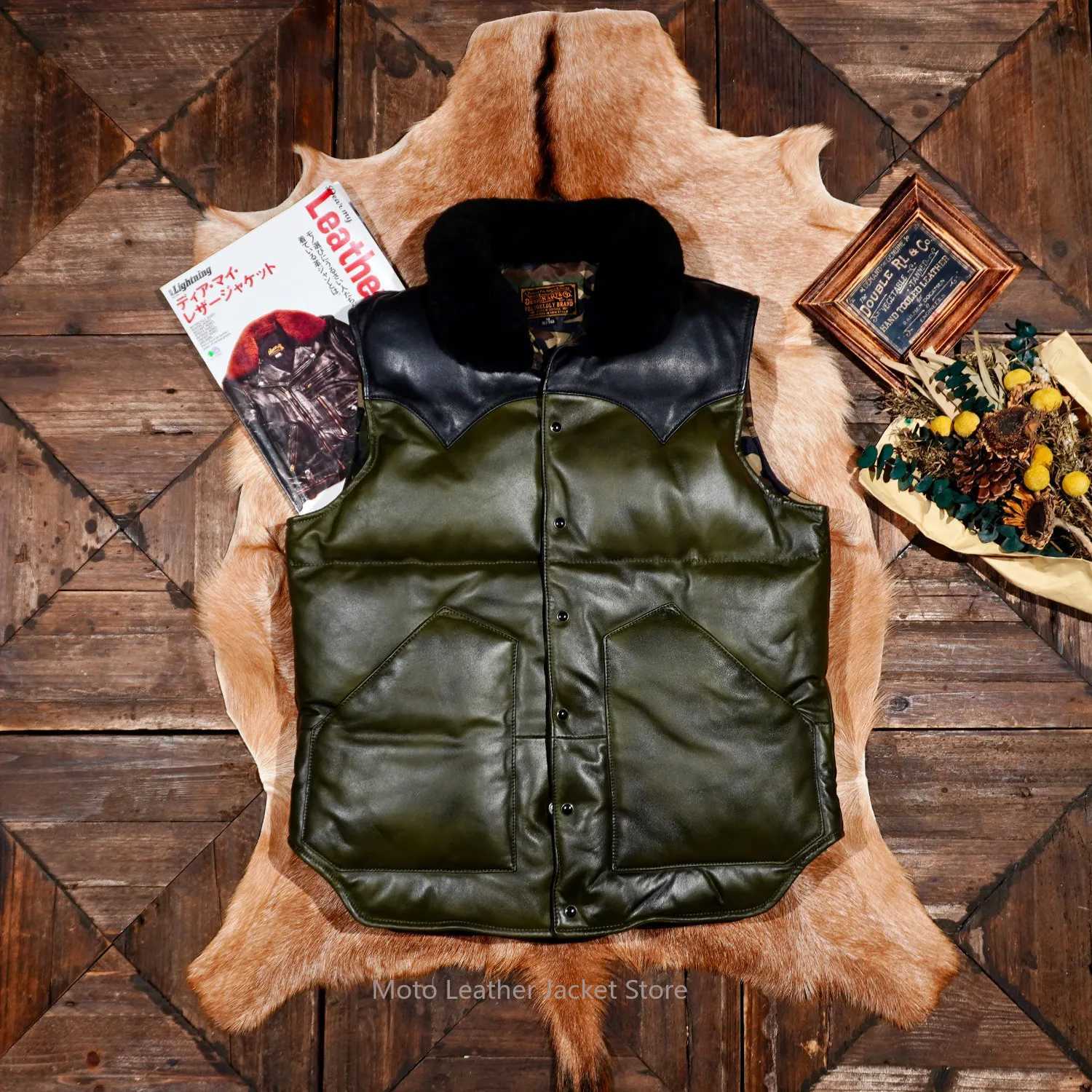 Retro Contrast Color Thick Sheepskin Down Vest Men Winter Slim Motorcycle Gilet Warm Genuine Leather Sveless Jacket Q260623