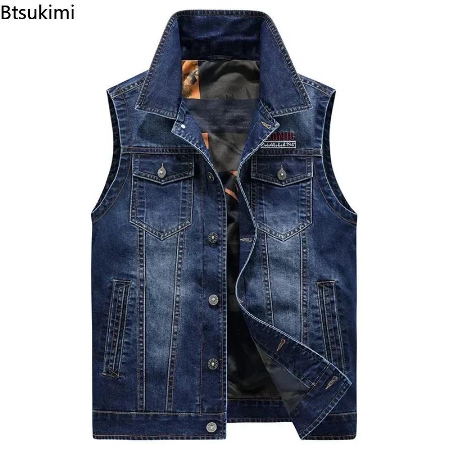 Mens Denim Vest Fashion Print Hip Hop Cowboy Waistcoat Multipocket Casual Motorcycle Style Sleeveless Jeans Jacket for Men 260623banjia
