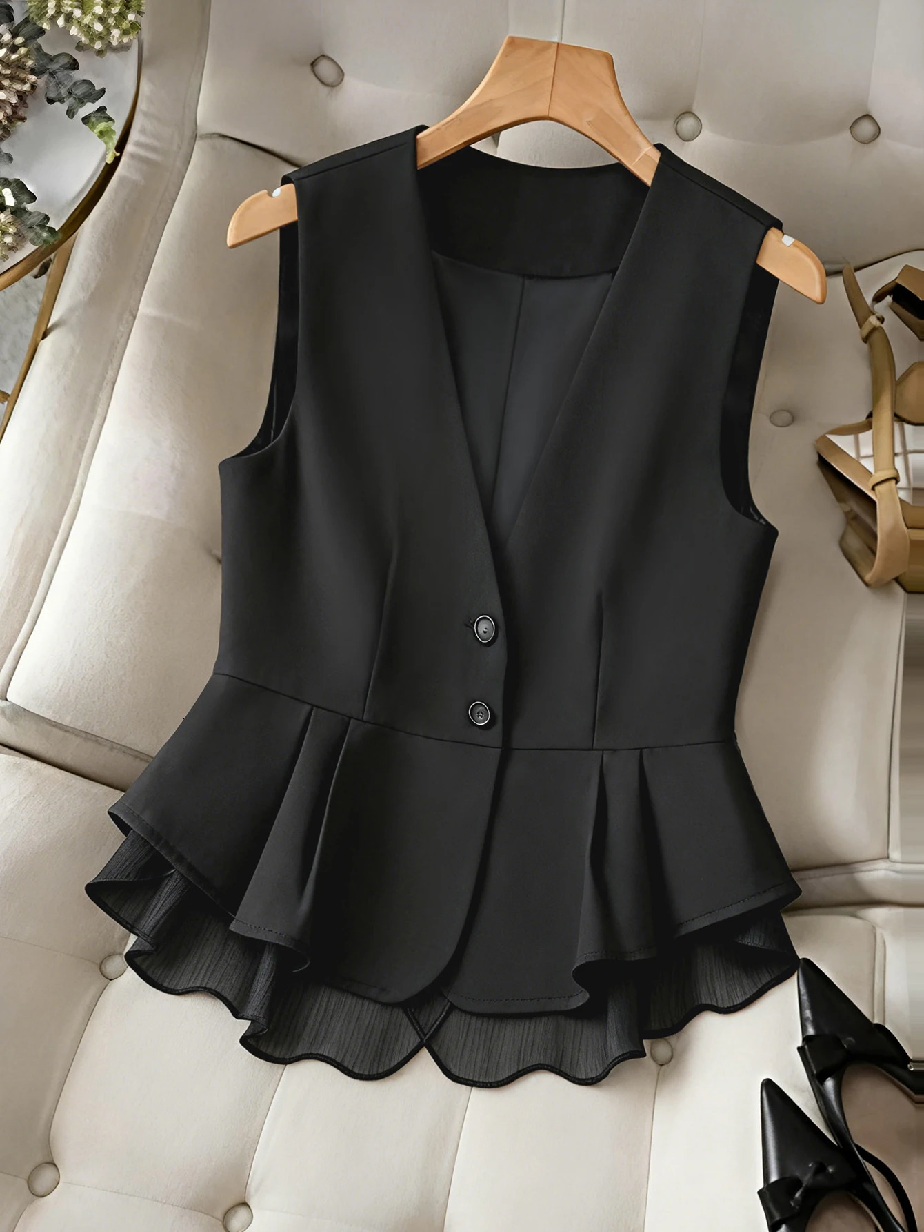 Womens Elegant VNeck Peplum Vest Sleeveless Button Down Blazer Waistcoat with Layered Chiffon Hem for Business Casual Office 260625