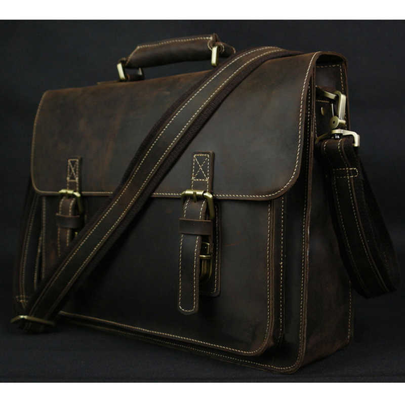 15 Men Genuine Leather Briefcase Inch Laptop Bag Vintage Crazy Horse Leather Business Shoulder Messenger Bag for Work Office H260623