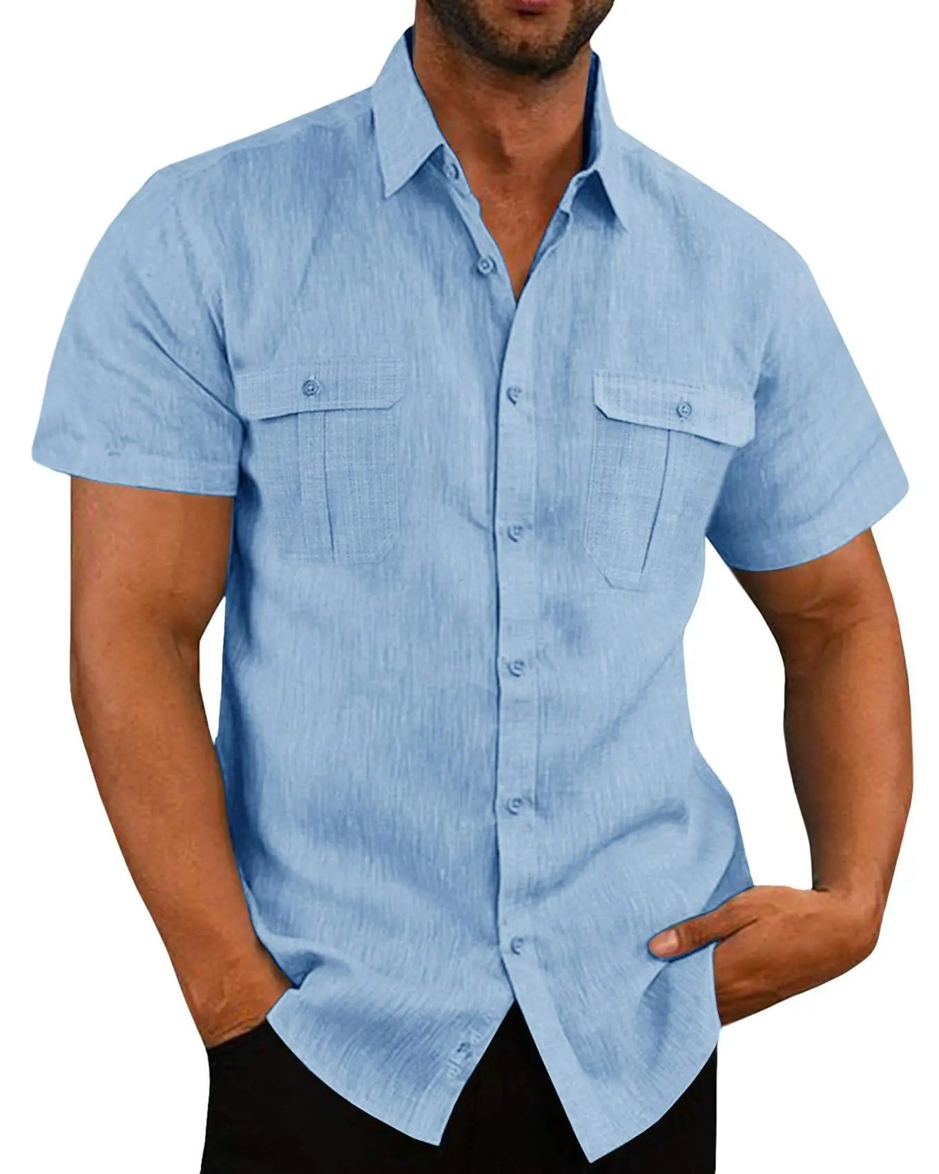 Cotton Linen Men Short-Sleeved Shirts Summer Solid Color Stand-Up Collar Casual Beach Style Plus SizeMale Shirts M-5XL 260623