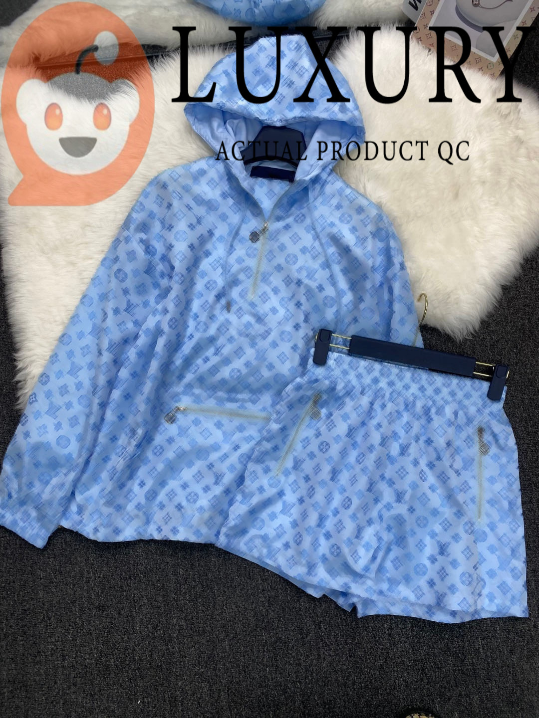 Vintage Blue Pattern Windbreaker 2 Piece Set Slim Luxury Classic Letter Print Hooded Jackets Shorts Co-ord Outfits High Street Hip Hop Activewear-image-1111823917