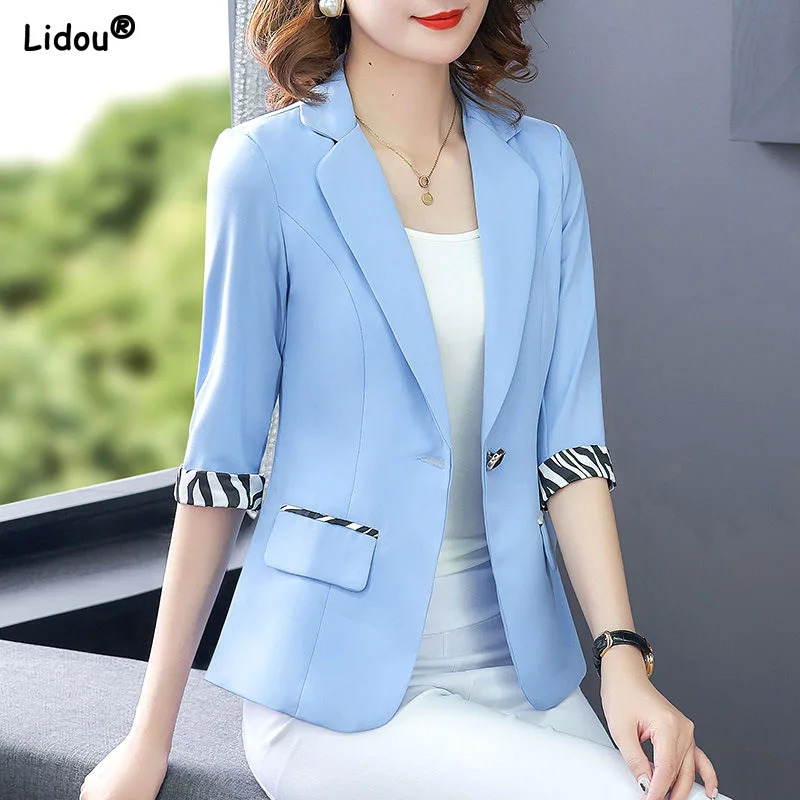 Notched Pockets Button Blazers Skinny Three Quarter Sleeve Solid Color Formal Office Lady Casual Spring Summer Womens Clothing 260625