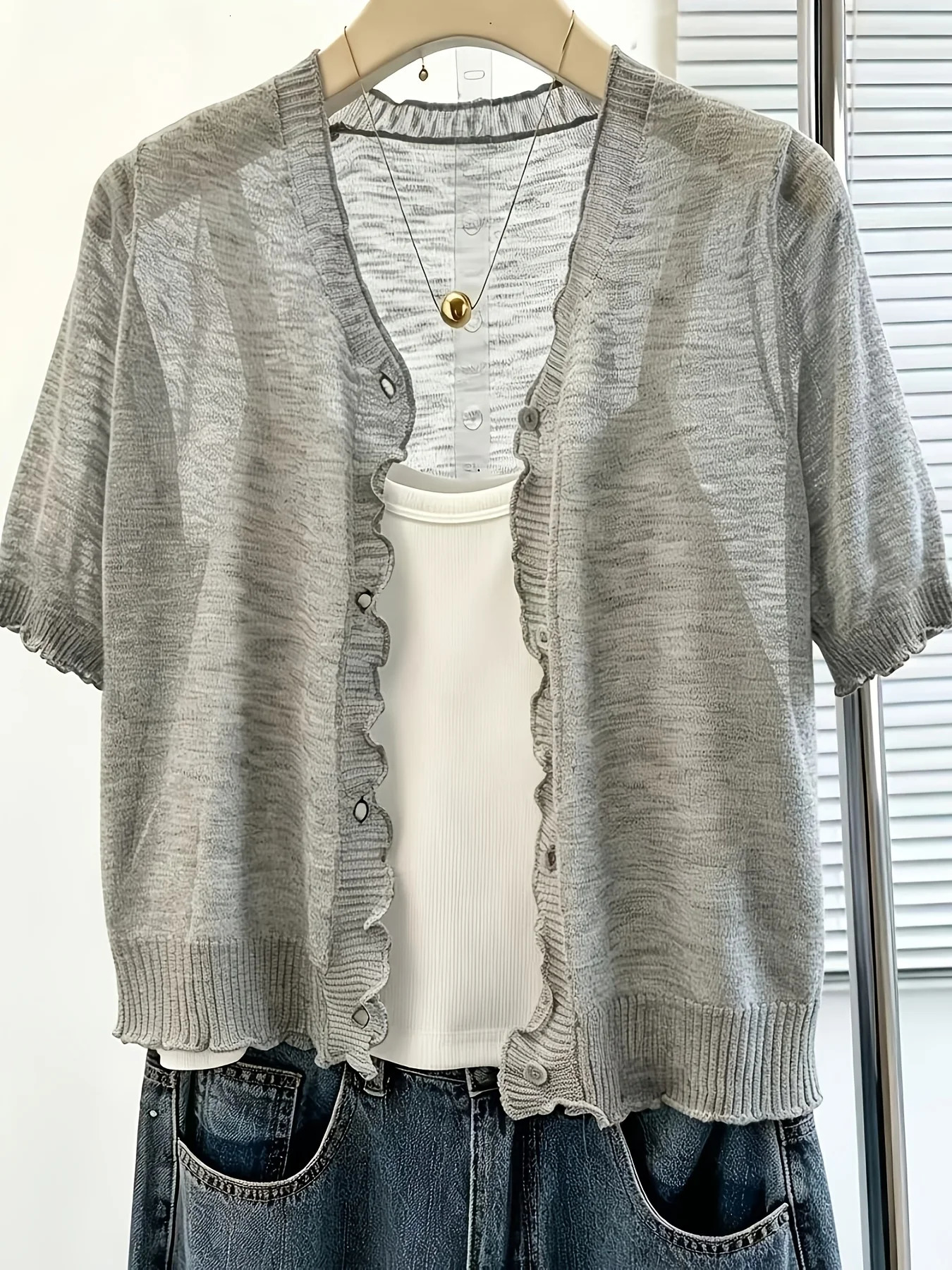 Womens Summer Thin Short Sleeve Sun Protection Cardigan AirConditioning Shirt Solid Color Minimalist VNeck Ruffled K 260623