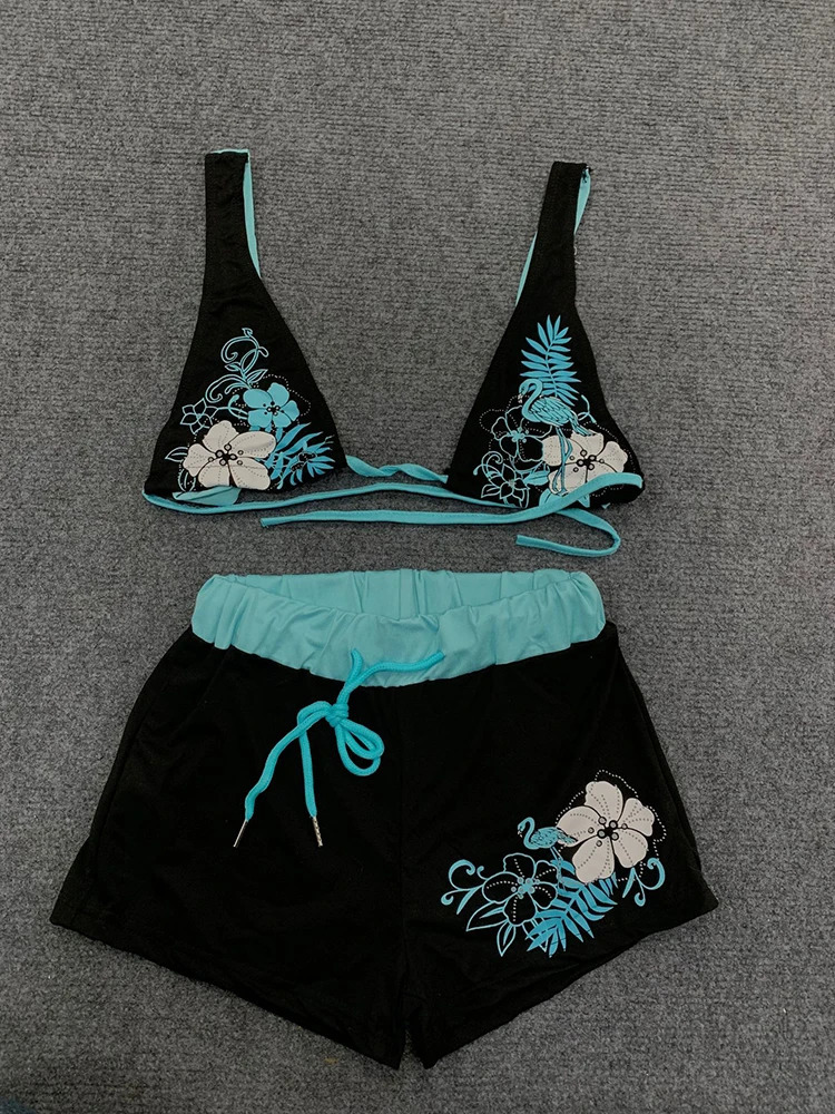 Summer Beach Ins Fashion Sexy Ladies Split Two Piece Bikini Beautiful Vintage Contrast Flower Print Suspender Bra Shorts Set 260623