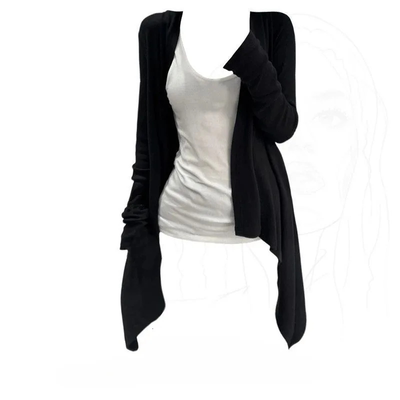 Korean Irregular Black Cardigan Two Piece Sets Style Womens Vest Y2k 2026 Long Sleeve Loose Knitted Tops Pull Femme 260623