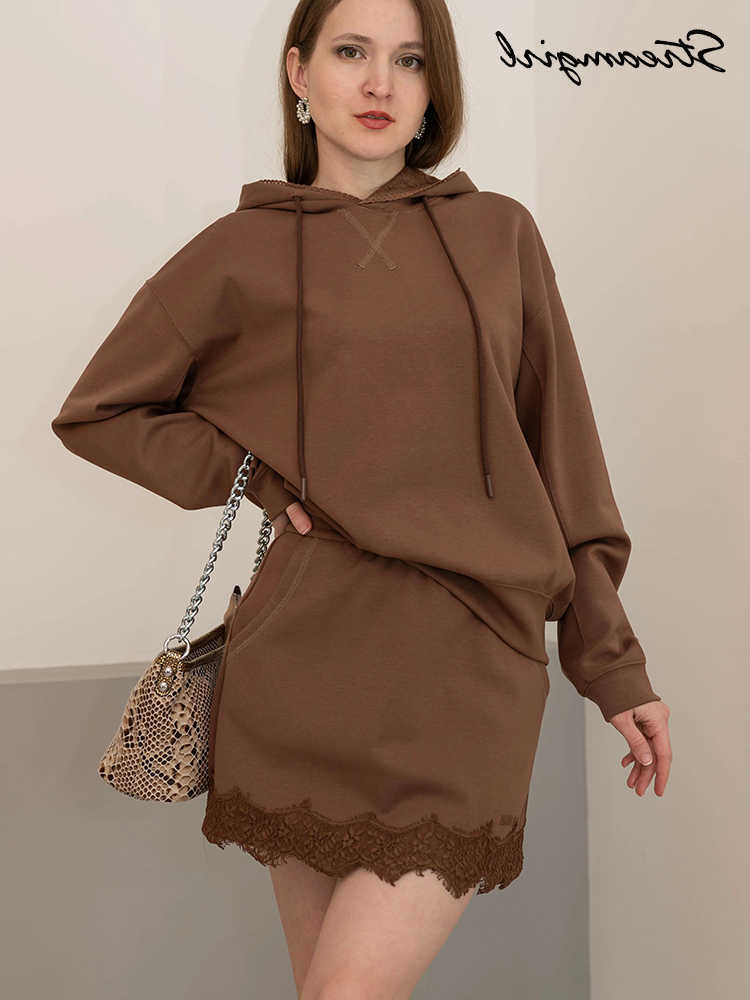 Womens Tracksuit With A Skirt Lace Set Two Piece Summer Yellow Hoodies And Skirts Set Woman Sets 2 Pieces Outfits Brown 2026 L26