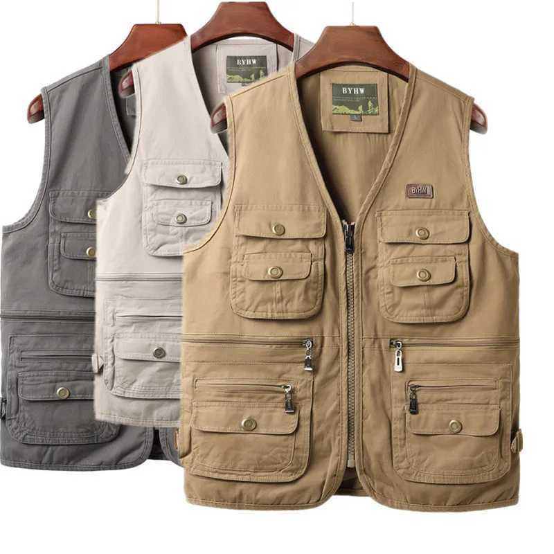 Mens Vest Multi Pocket Sveless Jacket Male Cargo Outdoor Work Wear Travel Hiking Cotton Vest Q260623