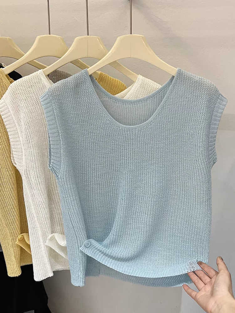 Womens Summer New 2026 Spring T-Shirt Korean Style Blue Round Neck Ice Silk Knit Tees Fashion All-Match Sleeveless Tops M260623