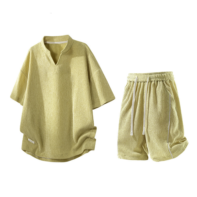 Sportswear T Shirt Shorts Plus-Size American-Style Textured Casual Sports Suit For Men, Summer Thin V-Neck Short-Sleeve T-Shirt Two-Piece Set
