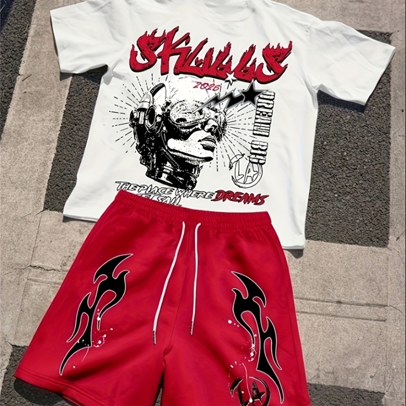 2026 Spring American Hiphop Style Mens Roundneck Top And Casual Shorts Street Fashion Trend Shortsleeved 2pcs Set 260622