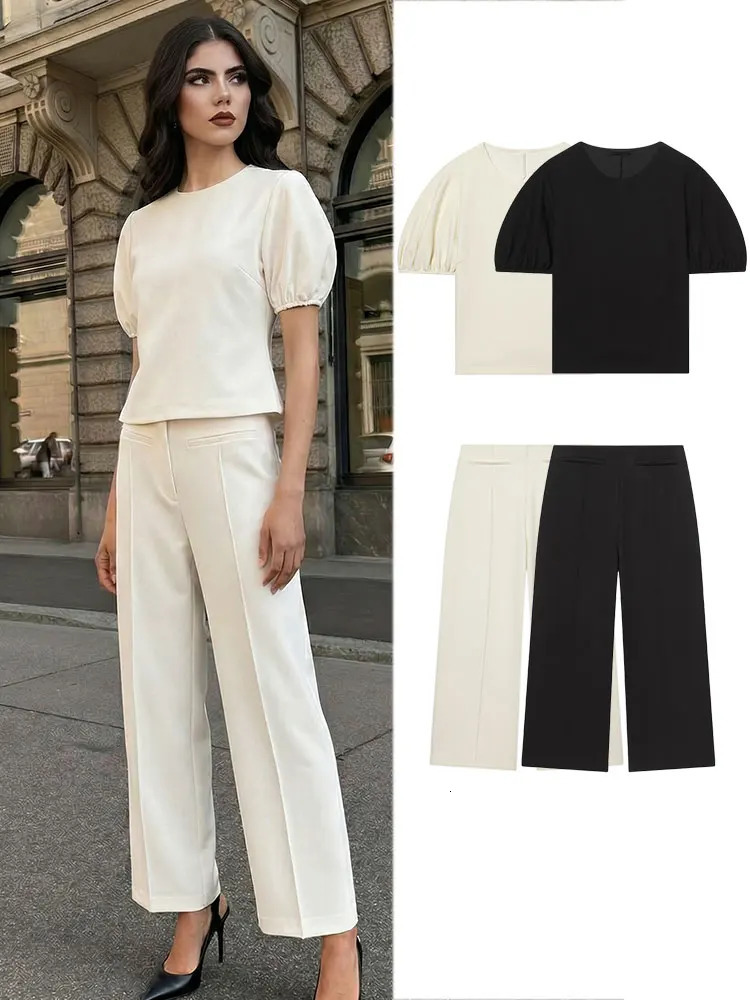 HH Women Fashion Beige Casual Tops Pants Set Short Sleeve O Neck TShirt Wide Leg Trousers Spring Summer High Street Chic Outfit 260623