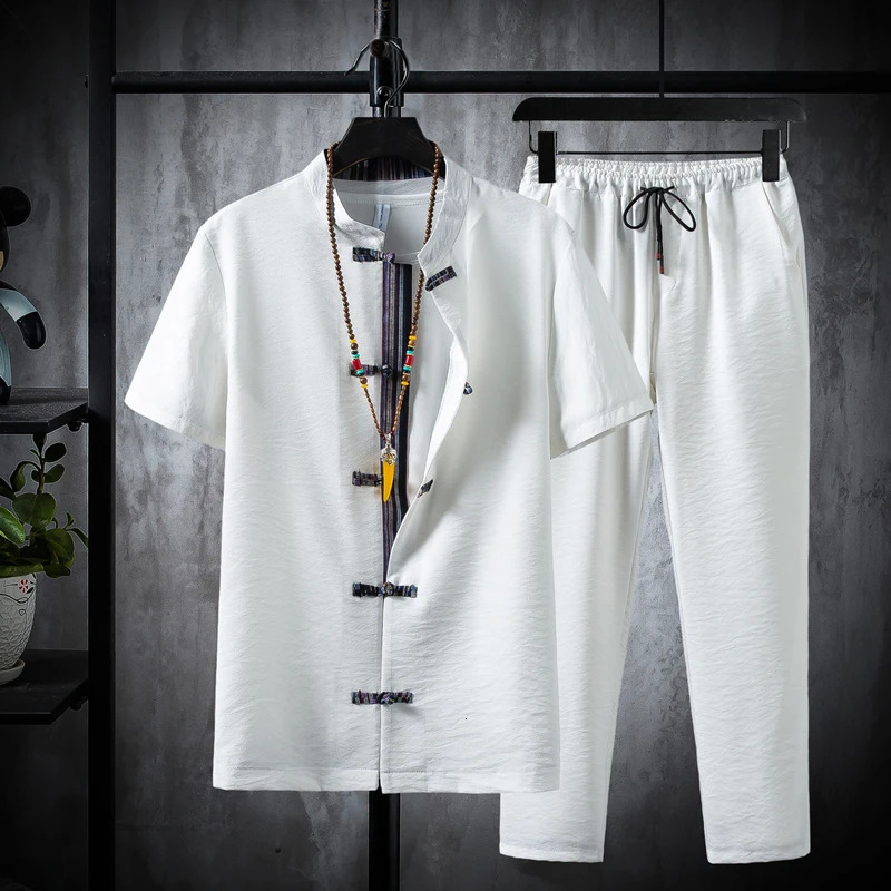 Shirts Pants summer 100 Cotton linen shorts sleeve Mens Casual Sets Male Fashion trousers and shirts men full size M-5XL 260622