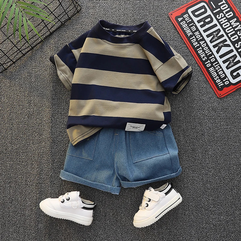 0-5 year old baby boy clothes set summer solid color striped casual childrens short sleeves fashionable handsome shorts two-p 260623