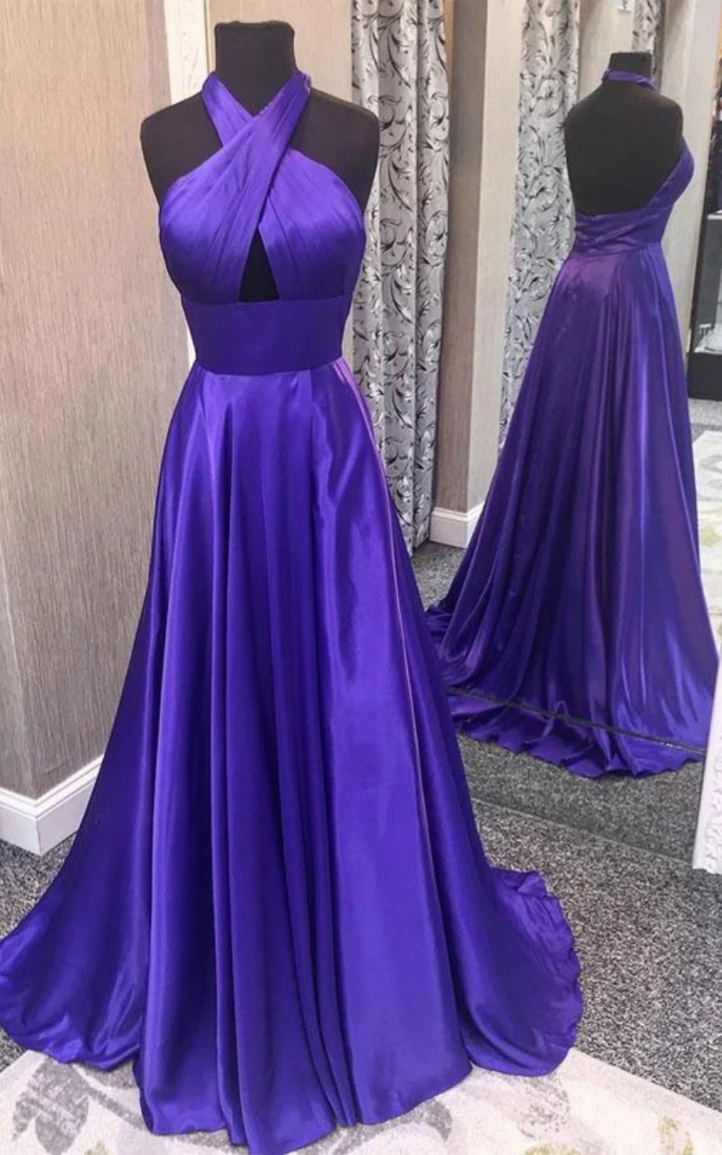 2026 Purple Halter Criss Cross Keyhole High Slit Satin A Line Court Train Maxi Evening Prom Dress Formal Party Elegant Glossy Soft Floor Length Gown