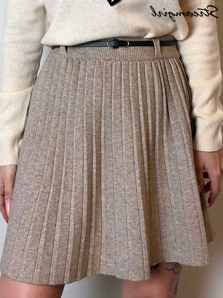 Spring Mini Skirts For Women Gray High Waist Pleated Skirts With Belt Elegant White A Line Big Swing Womens Skirt Short Knit L26