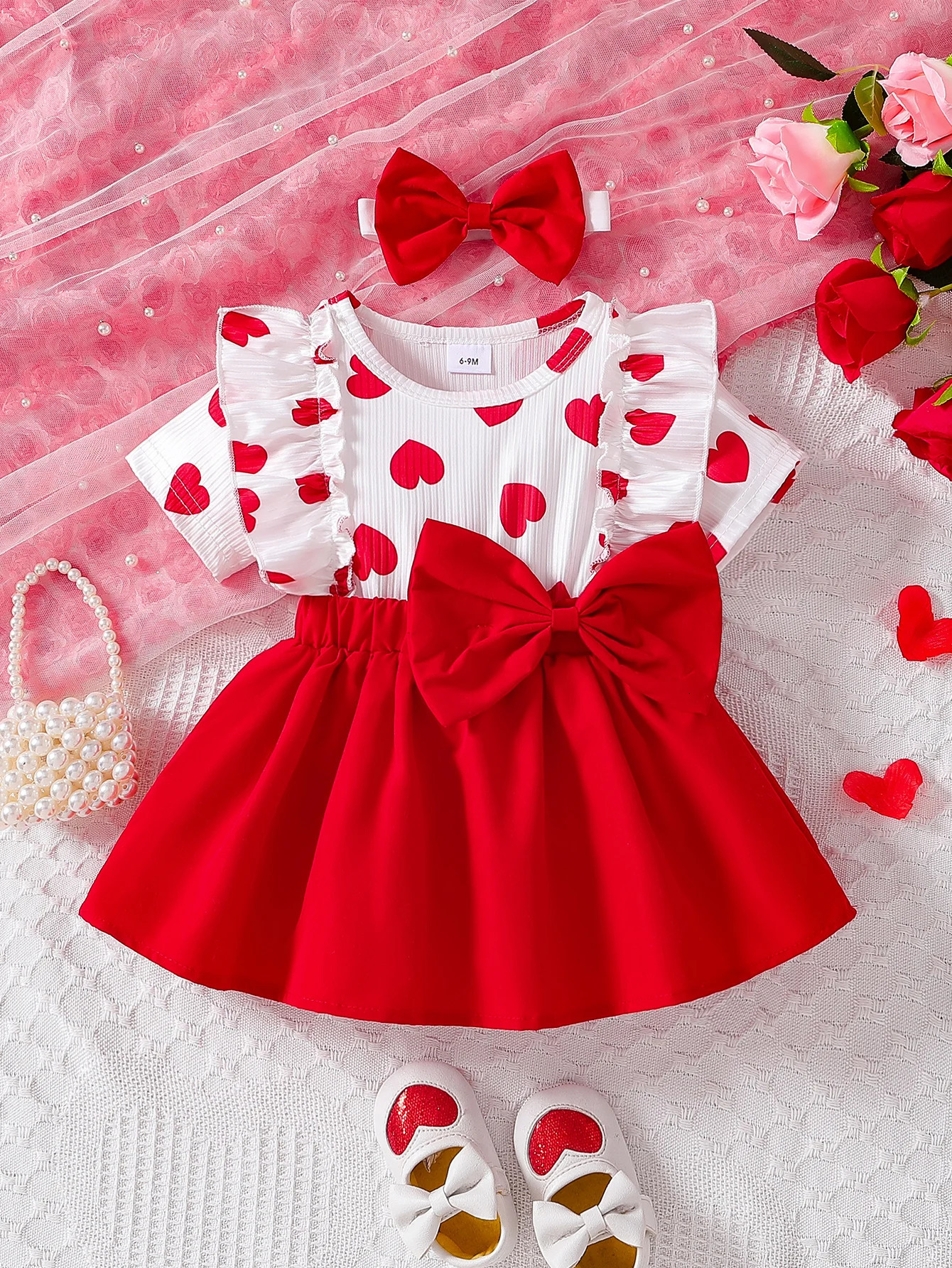 Baby girl spring and summer love pit stripe full print round neck ruffle edge short sleeved two-piece waist and side 260623
