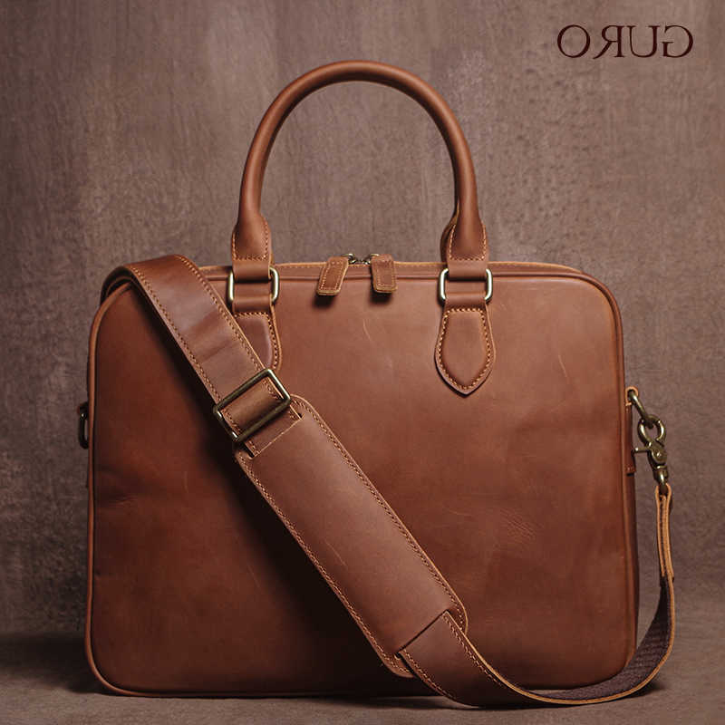Horse Crazy GURO Cowhide Men Briefcase Genuine Leather Handbag Simple lightweight Shoulder Bag File Laptop Crossbody Bags H260623