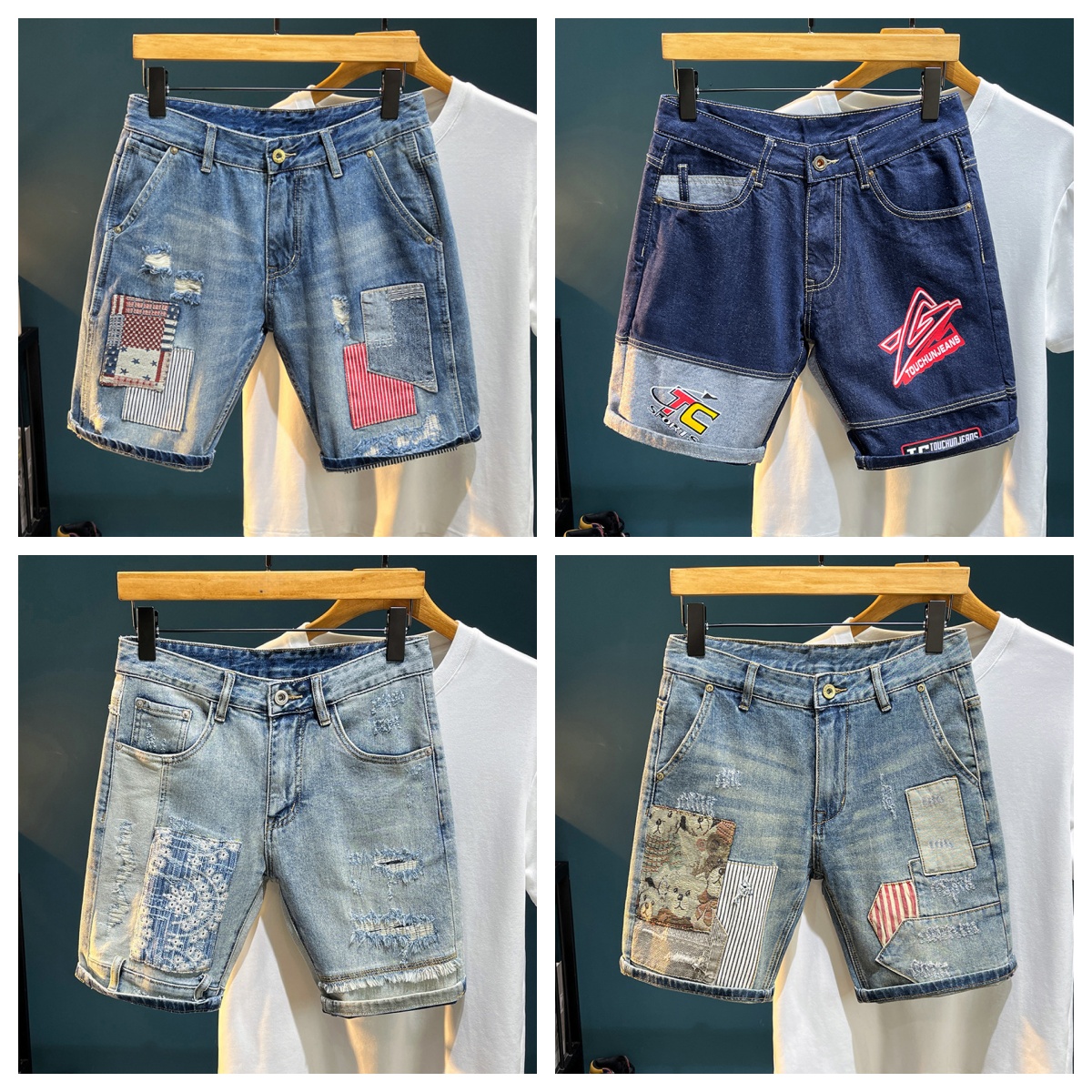 Men's Shorts Summer Washed Washed Blue Jeans Shorts Mens Elastic Slim Embroidered Printed Patches Cotton Cropped Street Casual Shorts