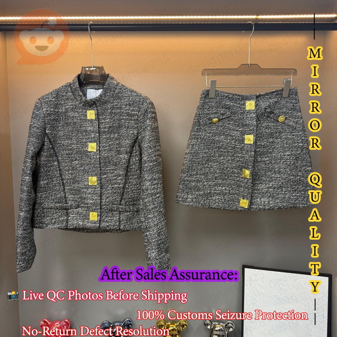 Schiaaa parelli Designer Tweed Skirt Set Black White Two Piece Outfits Women Luxury Brand Gold Button Jacket Casual Short Skirts Co-ord Sweatsuit-image-1112002433