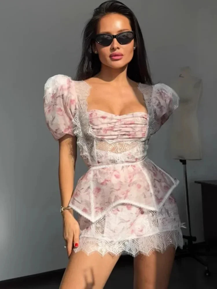 Sexy Floral Print Mini Skirt Set Women Chic Lace Patchwork Bubble Short Sleeves 2 Piece Suit Lady Summer Vacation Outfits 260623