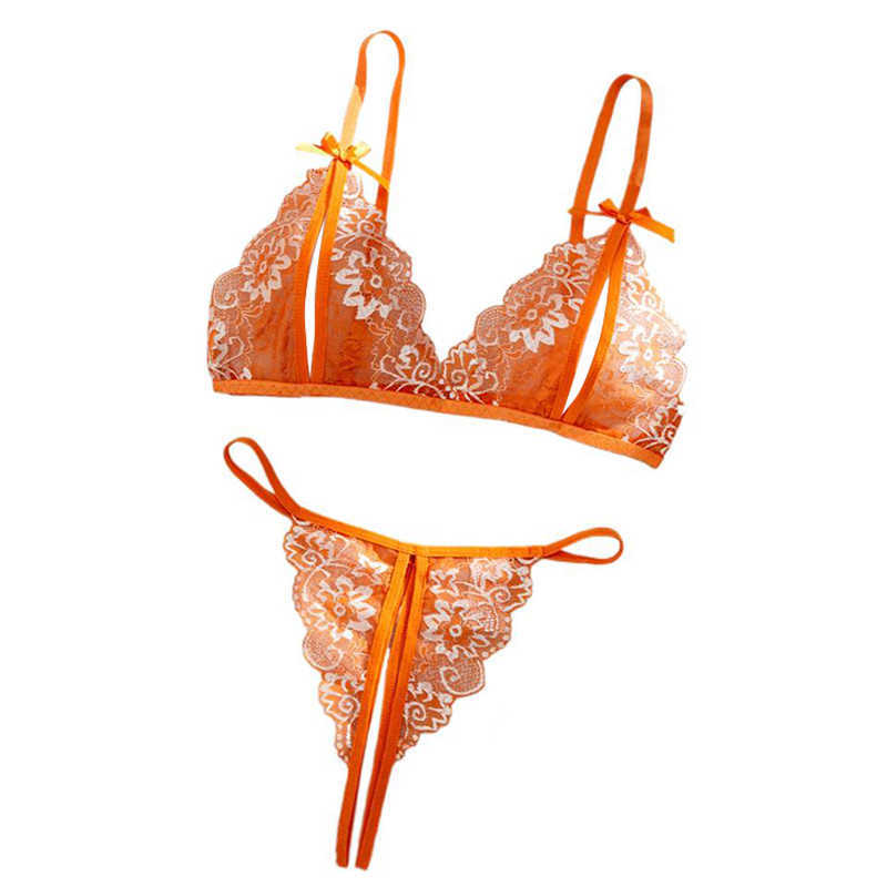 Lace Orange Contrast Sexy Lingerie For Women Open Chest Bra Thongs Sets Summer Female Underwear Cute Erotic Adult MatchSuit D260623
