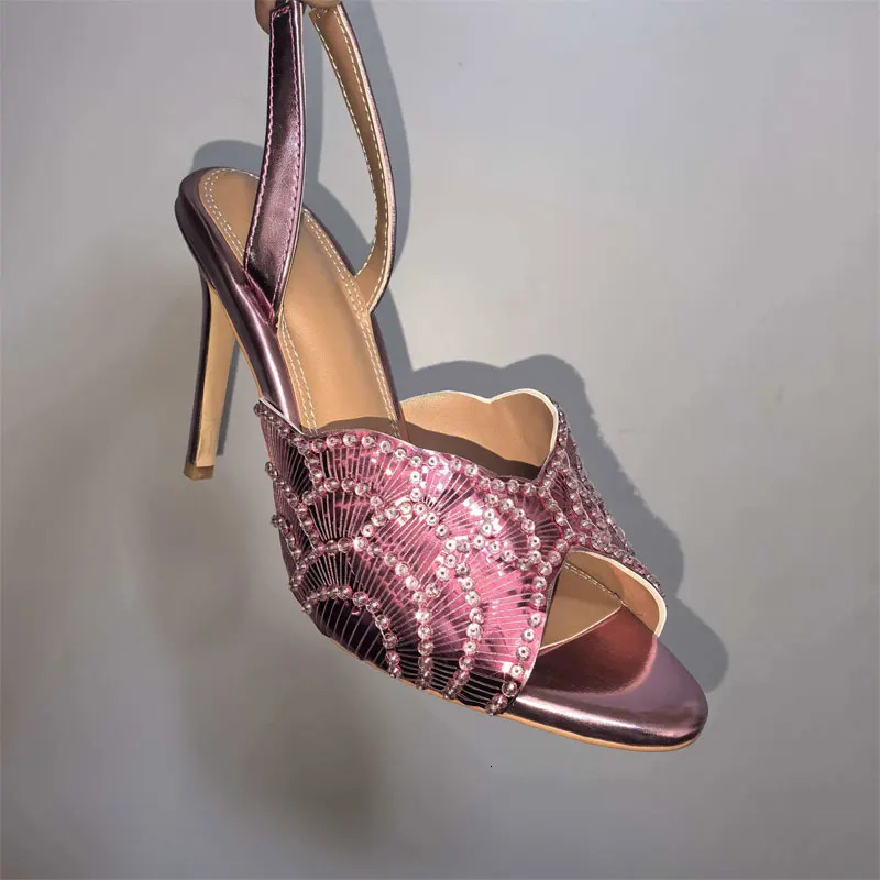 Summer Womens Golden Shiny Stiletto Slippers Fashionable Party Round Headed Toothed Large Sandals 260623