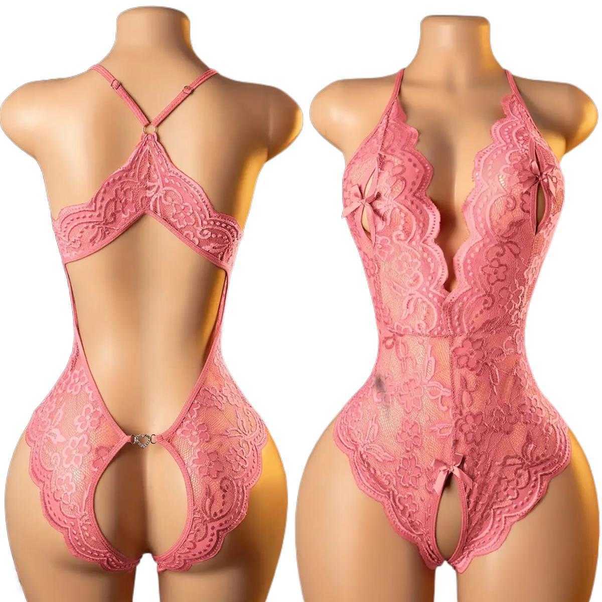 Pink Crotchless Sexy Lingerie Women Hollow Bodysuits Erotic Costumes Teddy Babydoll Dress Deep V Open Bra Female Porn Underwear D260623