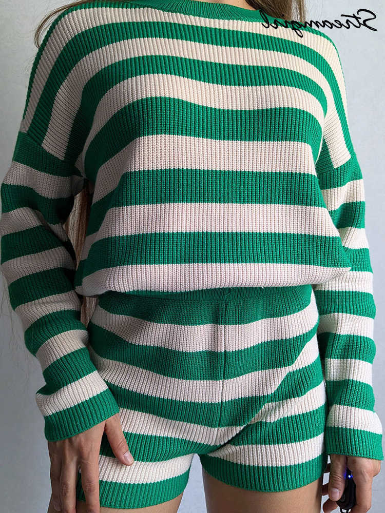 Striped Sweater And Shorts Set For Women Autumn Knit Two Pieces Outfits Oversized Pullovers Women Stripe Shorts Sets 2 Pieces L26