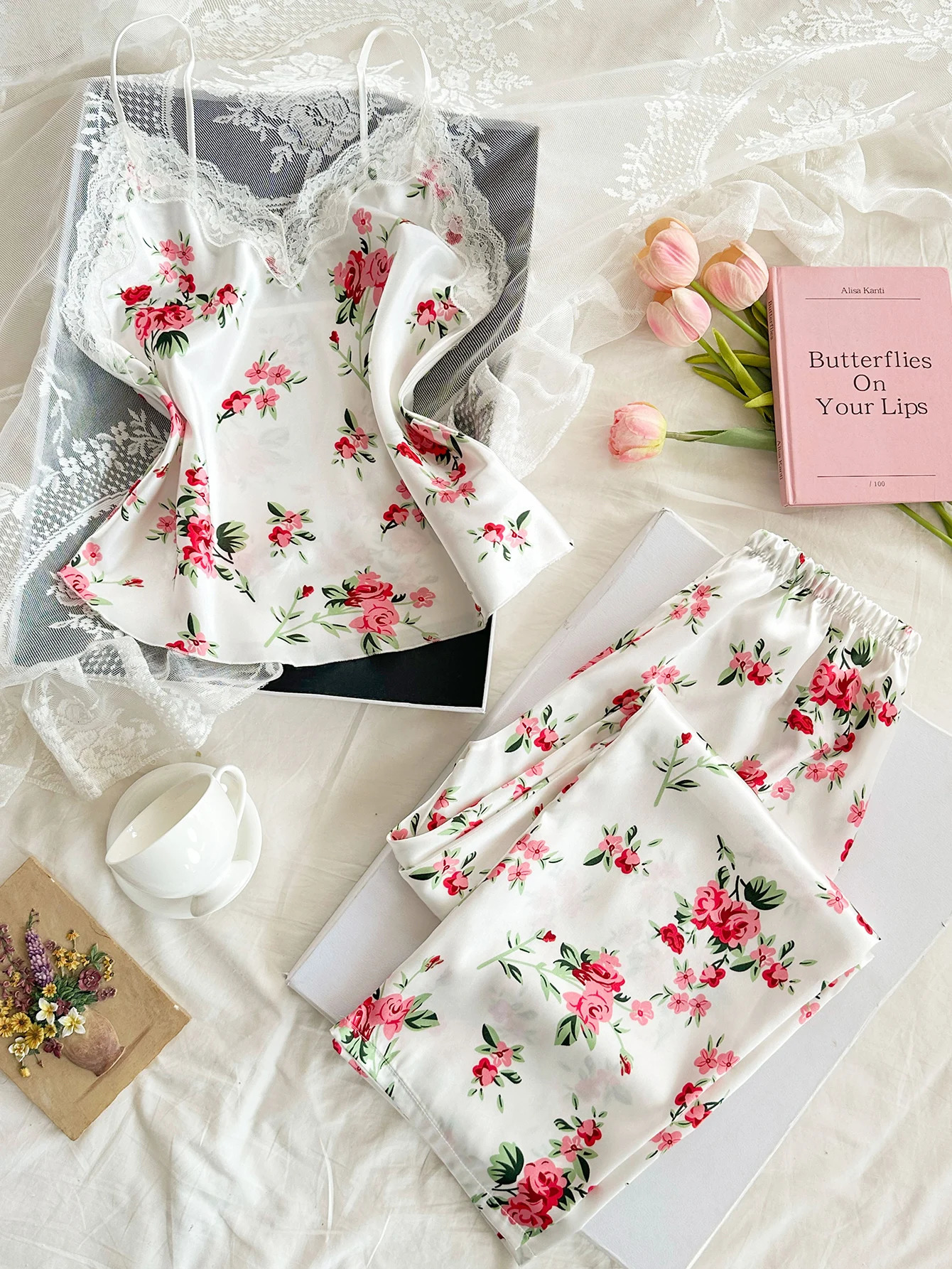 Women 2 Piece Set Elegant And Romantic Printed V Neck Lace Top Pants Comfortable Breathable Womens Clothing 260623