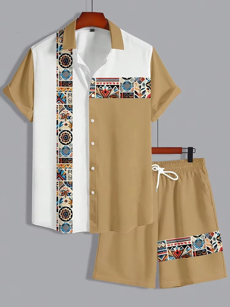 Summer Mens Short Sleeve Shirt And Beach Shorts Set Ethnic Print Outdoor Street Fashion 260615
