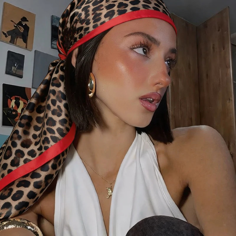 Summer Beach Square Silk Scarf Sexy Leopard Print Bandana Soft Satin Shawl Boho Vacation Head for Women Hairband Hijab 260623