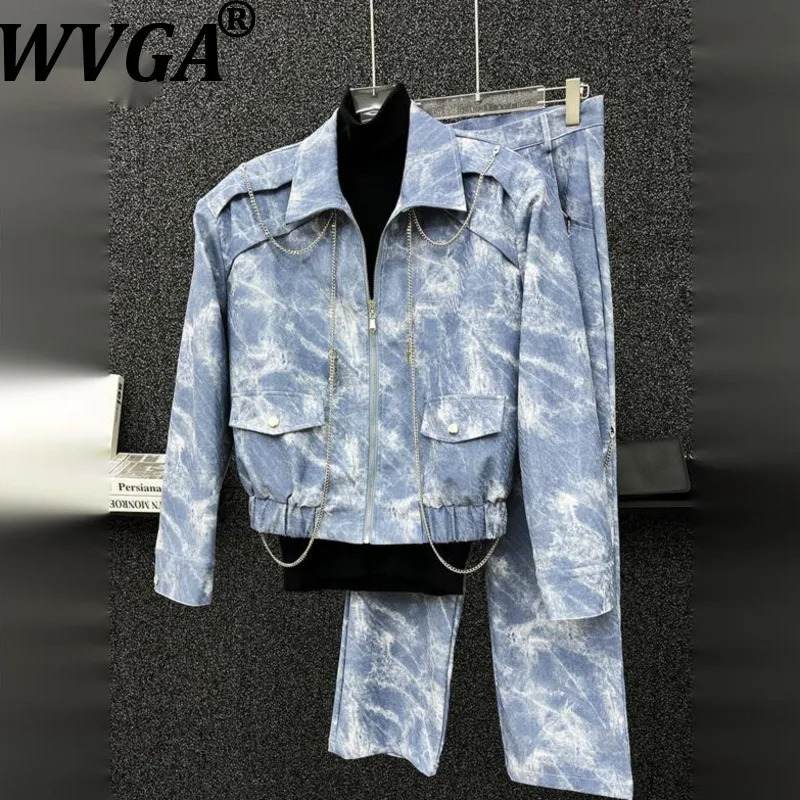 WVGA Spring Autumn Man Retro Metal Chain Trendy Coat Niche Chic Casual Washed Straight Denim Pants TwoPiece Sets Ins W13622 260623