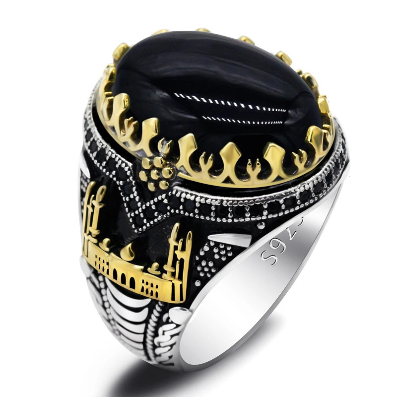 Black Natural Agate Stone Ring 925 Silver Mens Ring Castle Turkish Constantinople Auspicious Vintage Signet Ring Track Wedding 260623