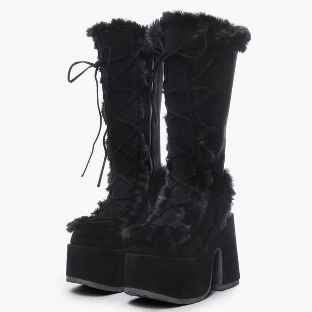 Big 2026 Winter Size 43 y2k White Punk Style Womens Faux Fur Chunky Platform Boots Gothic Black Block High Heels Shoes T260623