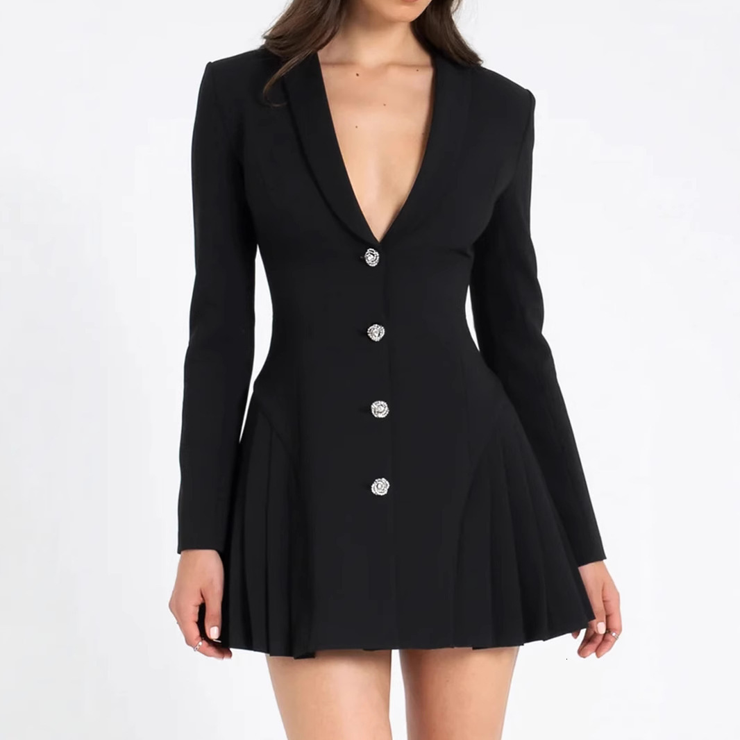 Women V Neck Long Sleeve Blazer Dress Waist Cinching Slim Fit Elegant European American Style Casual MAKOUFEI