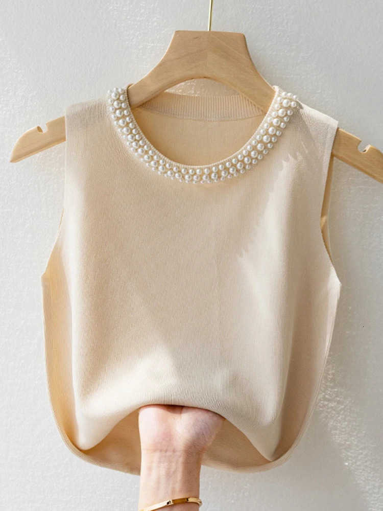 Knitted Vests Women Top Korea Solid Tank Blusas Mujer De Moda 2026 Summer New Fashion Female Sleeveless Beading Casual Thin Tops M260623
