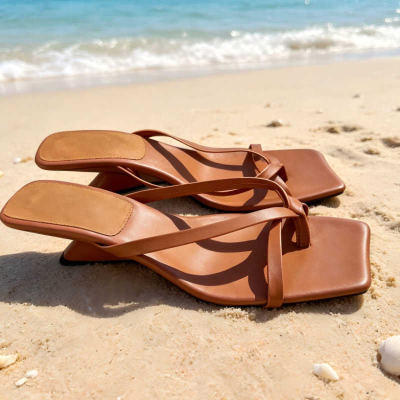 New Womens 2026 Square Toe Thong Wedge Heel Sandals Cross Strap Faux Leather Mules Casual Outdoor Summer Slides Slippers T260623