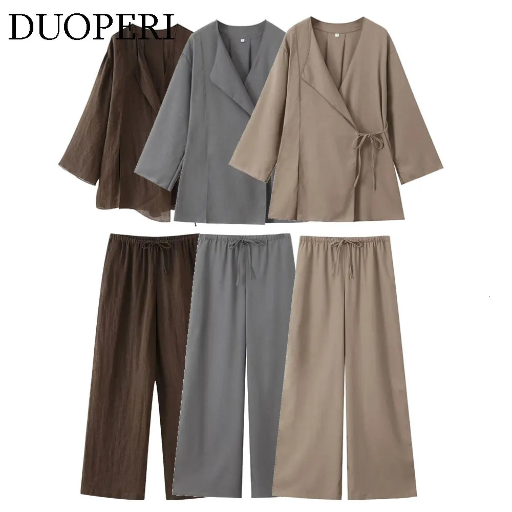 DUOPERI Women 2 Pieces Sets Solid Lace Up Kimono Blouse and Trousers Female Chic Lady Casual Tops Pant Coordinates 260623