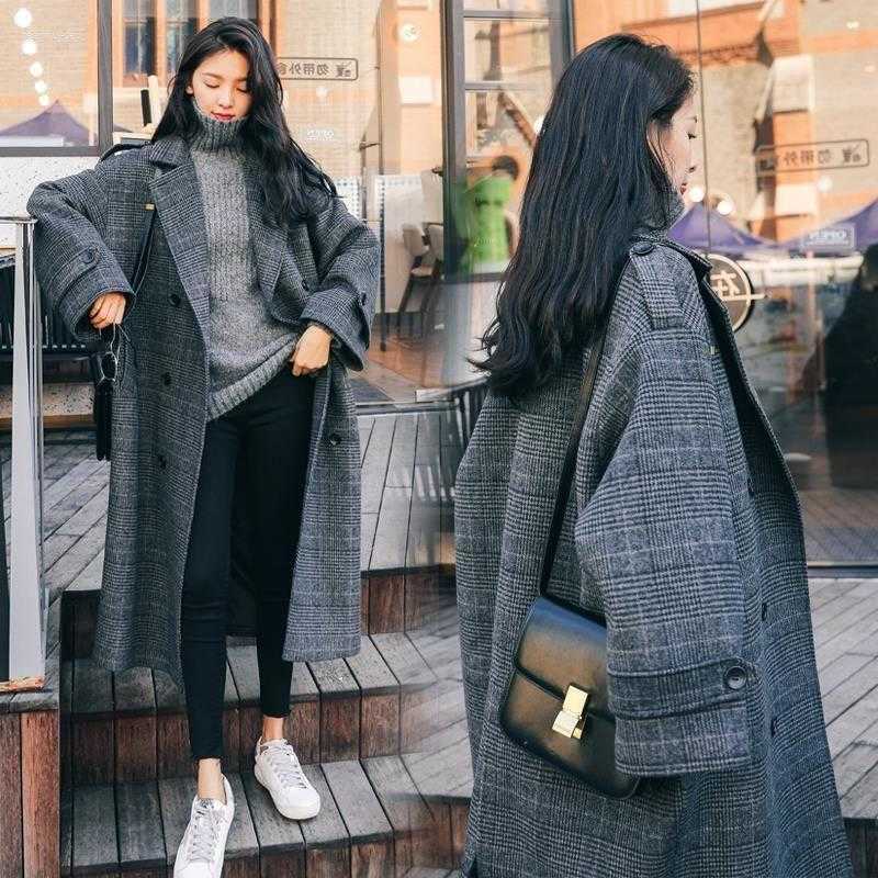 Wool Womens Plaid Woolen Coat Mid-length Autumn Winter Preppy dent Over-the-kn Jackets S260623