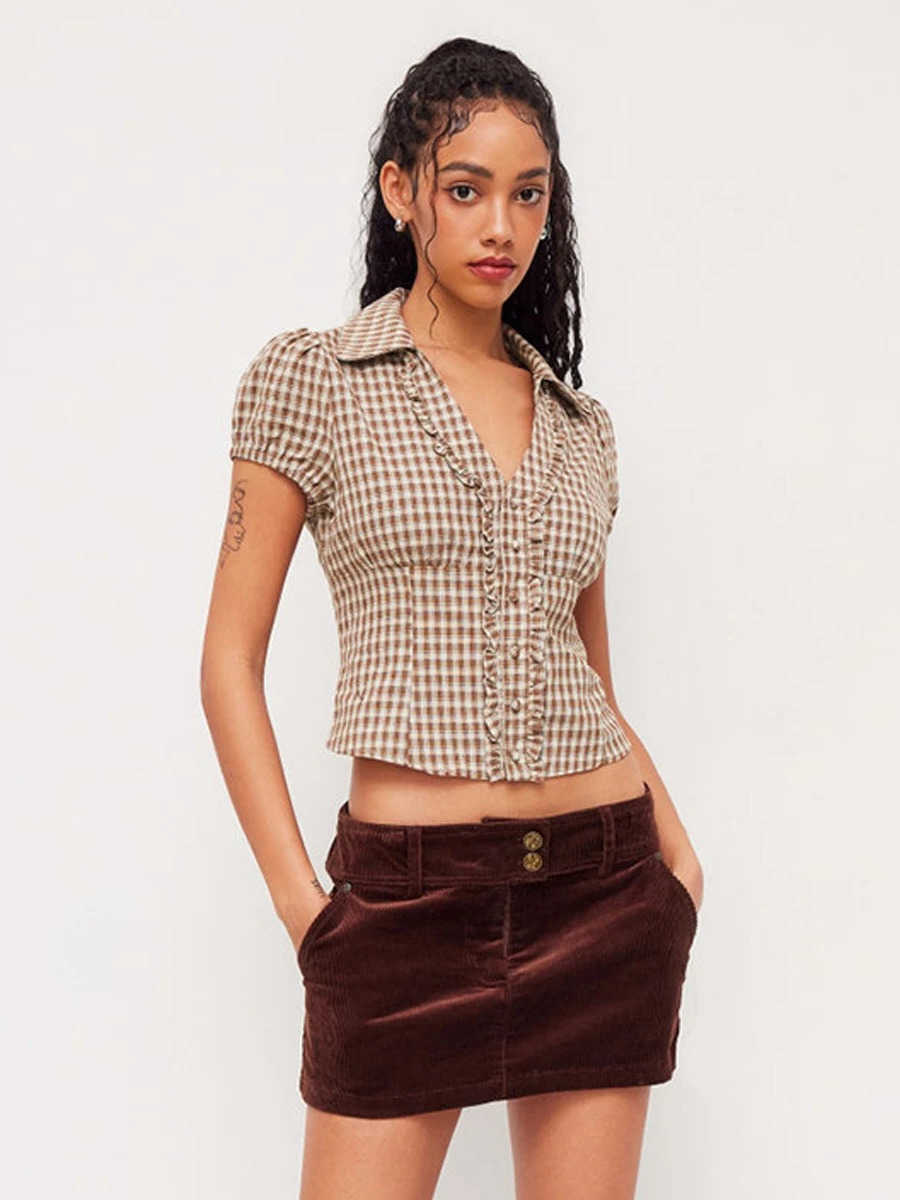 Wolfeel Womens Summer Retro Plaid T-shirt Ruffled Hot Ruffle Trim Shirt Lace-up Small Collar Slim Fit Cropped Blouse L26