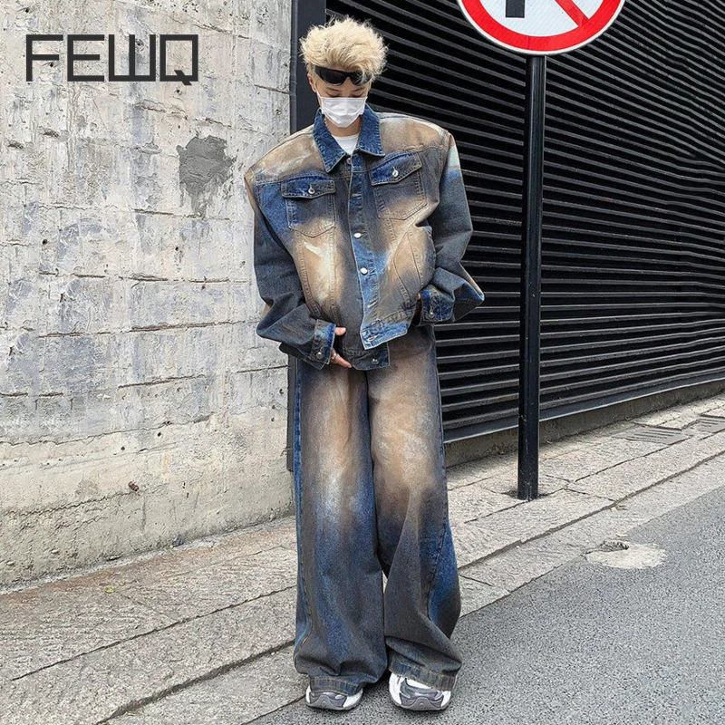 FEWQ High Street Mens Sets Contrast Color Dirtydying Single Breasted Casual Male Denim Jackets Wide Leg Jeans 24K4770 260623banjia