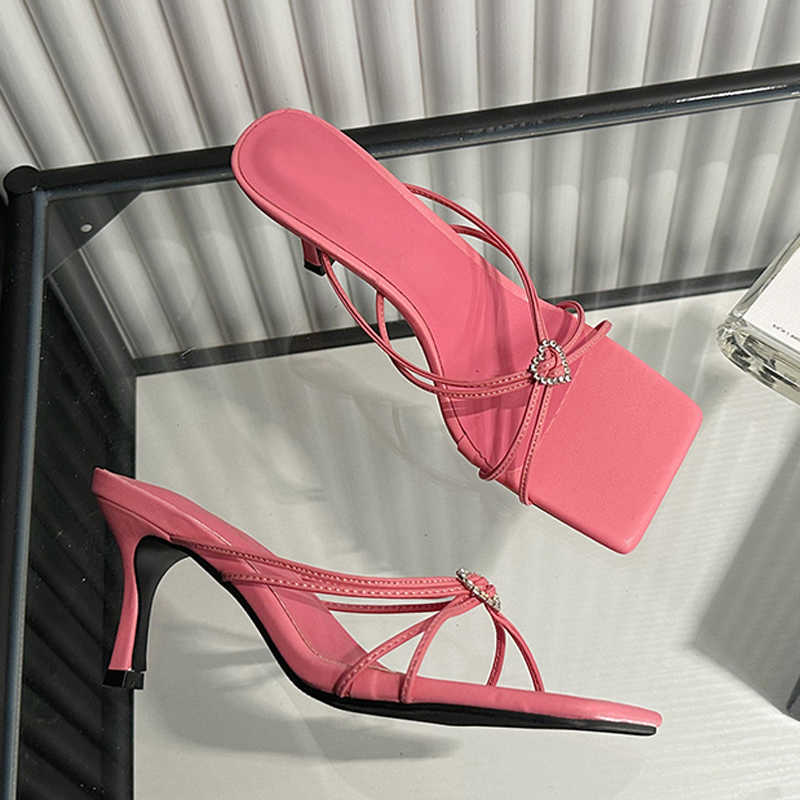 Slippers Liyke Summer Women Fashion Crystal Buckle Designer Slides Shoes Square Toe Thin High Heels Party Dress Elegant Sandals T260623
