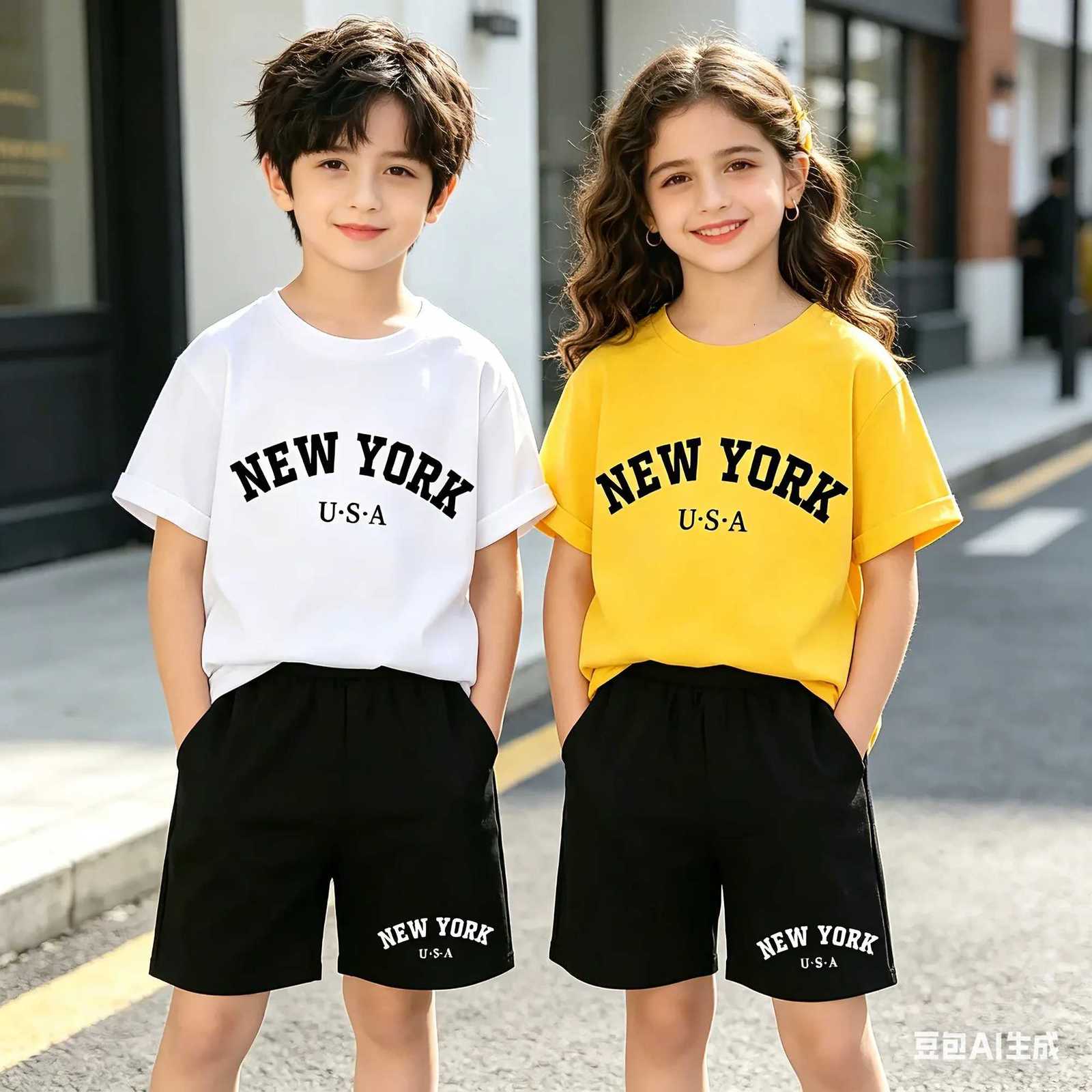 2026 New York USA Letter Graphic Kids 2Pcs Summer Outfits Boys Girls Short Sleeve Cotton T-shirt Shorts Sport Casual Children X260623