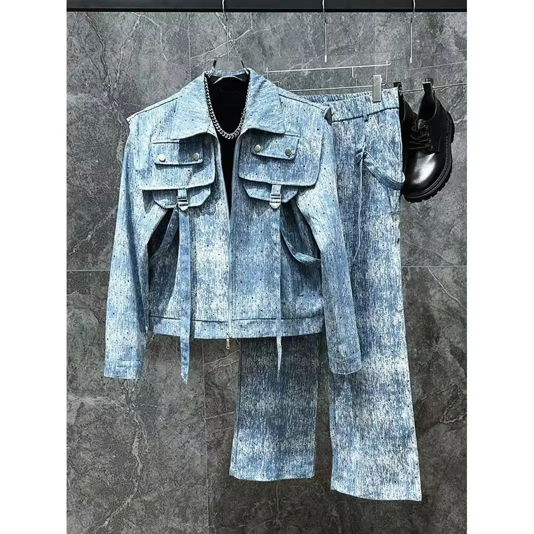 Fashion Male Denim Sets Personality Patchwork Decoration Stylish Short Jacket Straightleg Men Two Piece 260623